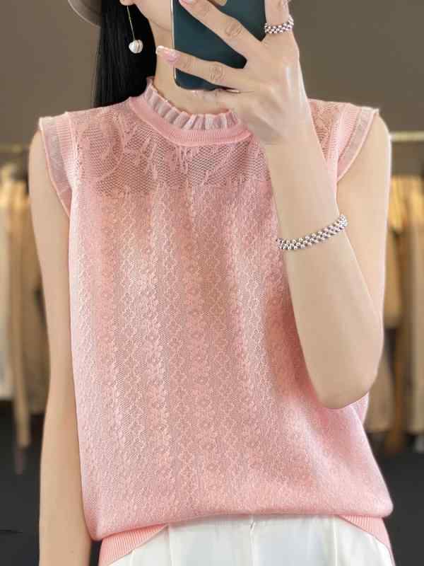 Tシャツ レディース ノースリーブ ニット トップス ラウンドネック ウール 混紡 薄手 レース使い ベージュ ピンク ブラック