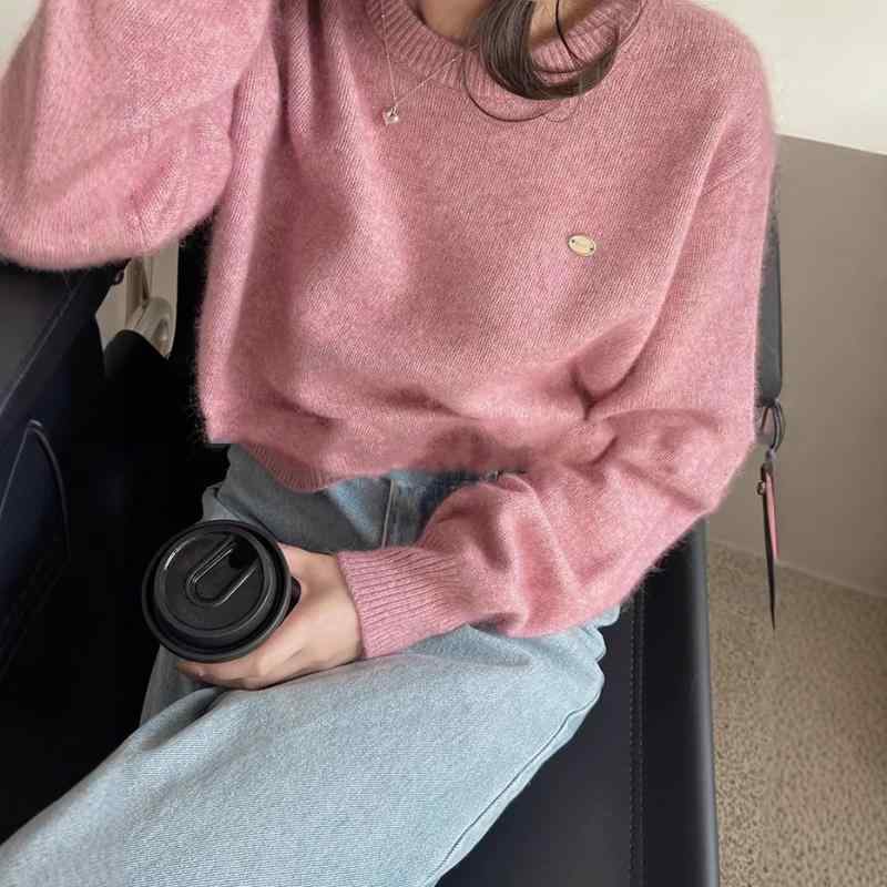 ニット レディース 長袖 100% ウール セーター ゆったり ラウンドネック 黒 ピンク系 グレー アイボリー 韓国 ファッション 普段使い デイリー