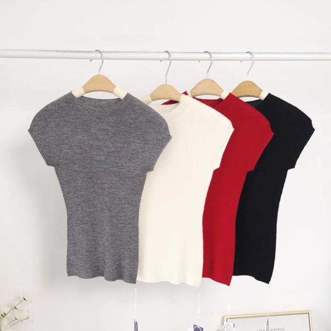 ニット レディース ニットトップス ウール 半袖 Tシャツ ポロ襟 無袖 黒 ブラック 薄青 ブルー系 修身