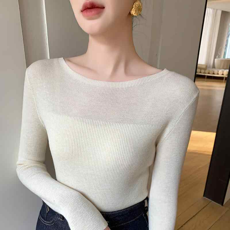 ニット レディース 春夏 長袖 薄手 インナー トップス ラウンドネック ウール ポリエステル混紡 スリムフィット ベージュ グレー キャメル ホワイト ブラック