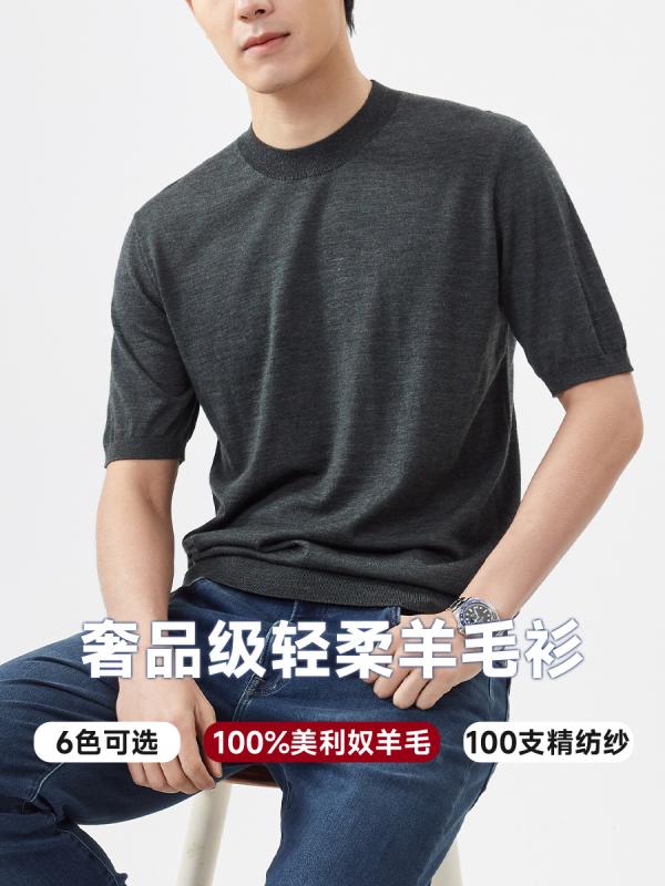 ニット メンズ 男性用 メリノウール100％ 薄手 洗える 半袖 Tシャツ 春秋 ニット カットソー インナー トップス ラウンドネック リブ｜Tanzan