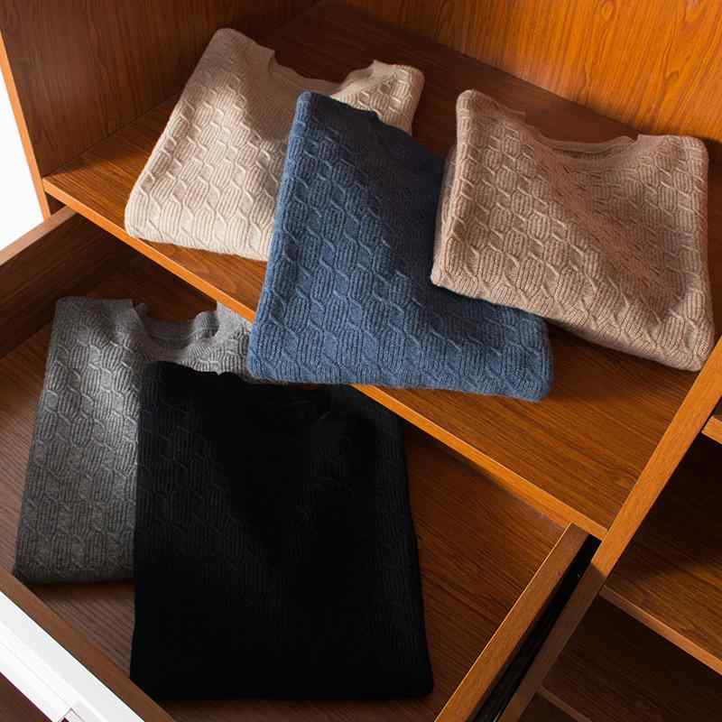 ニット メンズ 男性用 セーター ウール100％ クルーネック プルオーバー 提花柄 秋冬 保温 インナー ミドルエイジ グレー 灰色 ネイビー キャメル ブラック