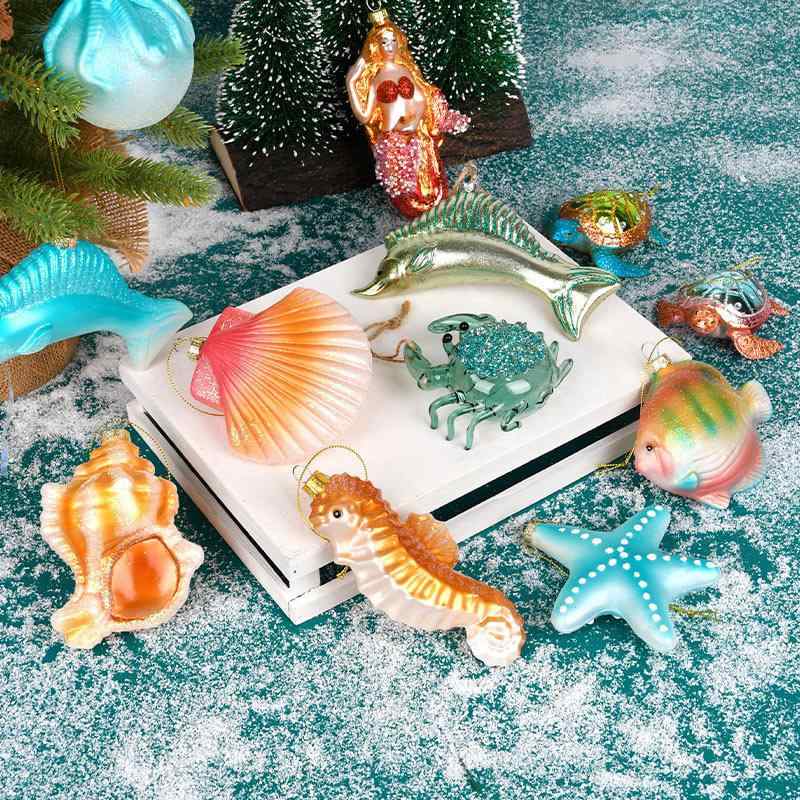 クリスマス オーナメント ガラス製 海の生き物 シーホース 貝 巻き貝 ヒトデ 熱帯魚 タコ カニ 海中 飾り デコレーション