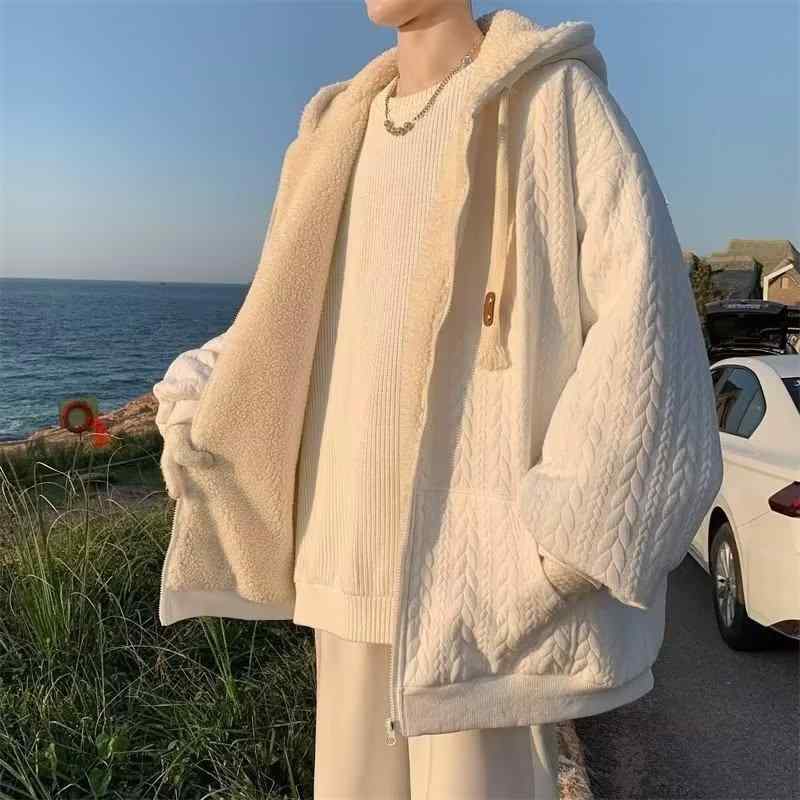 ジャケット メンズ 男性用 裏起毛 フード付き ブルゾン ゆったり ポリエステル 普段使い アウトドア 防寒 秋冬 ブラック ホワイト系