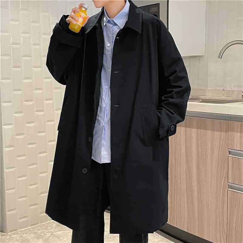 コート メンズ 男性用 秋物 無地 韓国風 ゆったり 襟付き アウター カジュアル サイドポケット ミドル丈 カーキ ブラック
