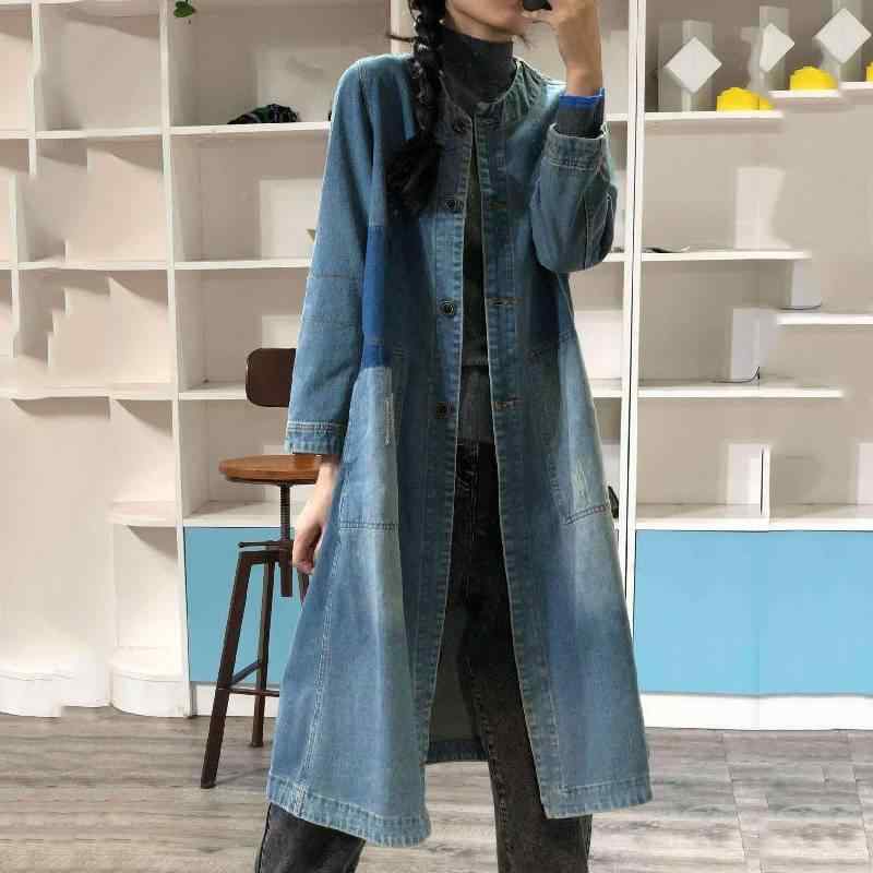 厚地の外套 レディース ジーンズ ロング丈 春物 青みデニム ゆったり大きさ 体型覆いかぶせる ラウンド素っ首 長袖 ウォッシュ製作 レトロ ヴィンテージ風 読みもの風