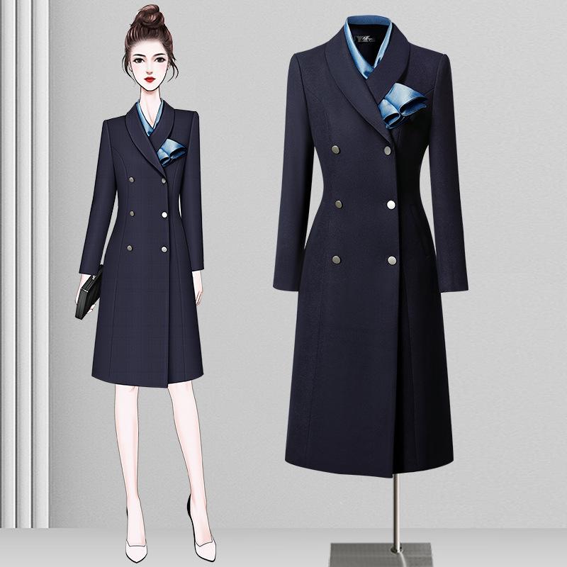 レディース ウールコート 秋冬 職業 テーラード ミドル丈 アウター 受付 制服 客室乗務員風 ネイビー 無地 厚手