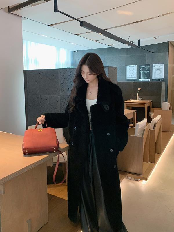 コート レディース 黒色ボアコート ロング丈 ウール混紡 ゆったりシルエット スーツ襟 秋冬 通勤 厚手 アウター ポケット付き