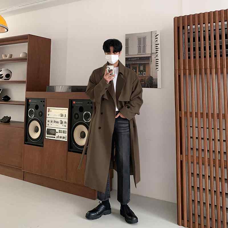コート メンズ 男性用 オーバーサイズ ロング丈 韓国 ファッション カジュアル 秋物 無地 ポリエステル混紡 灰色 黒色 ブラウン ウエストベルト