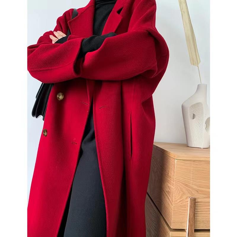 コート レディース ウール ミドル丈 手縫い 韓国ファッション ヘップバーン風 エレガント シルエット カシミヤ アウター 通勤 お出かけ カーキ ブラック ベージュ グレー レッド