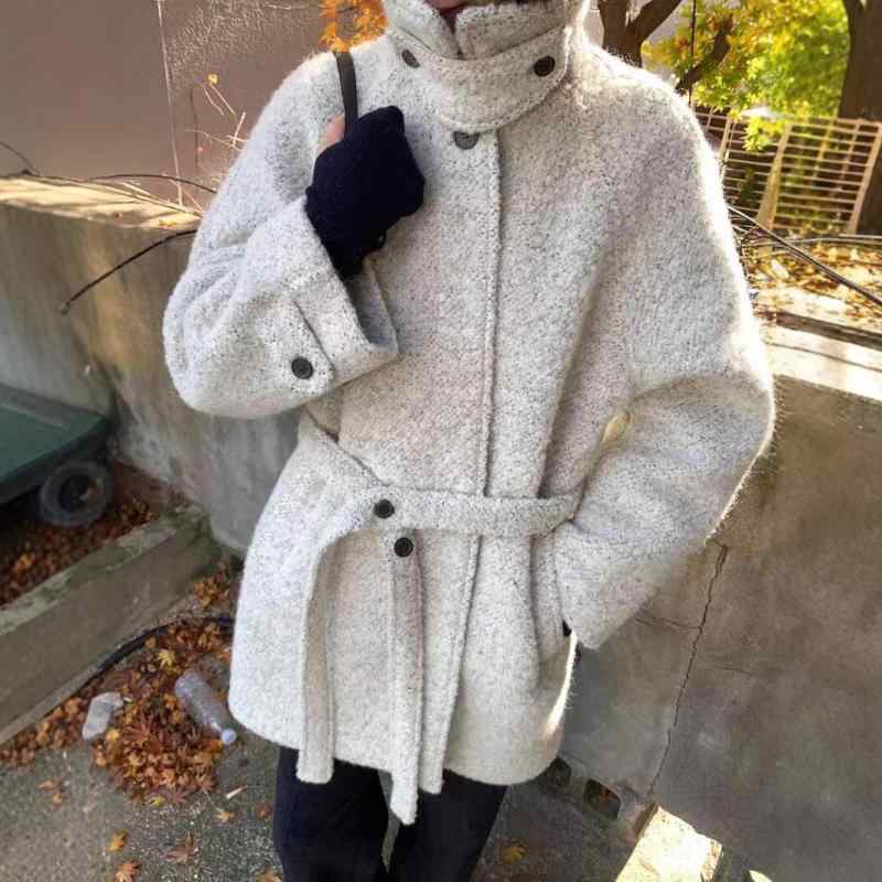 コート レディース 秋冬 厚手 ウール ゆったり スタンドカラー ロング丈 グレー 通勤 きれいめ エレガント アウター