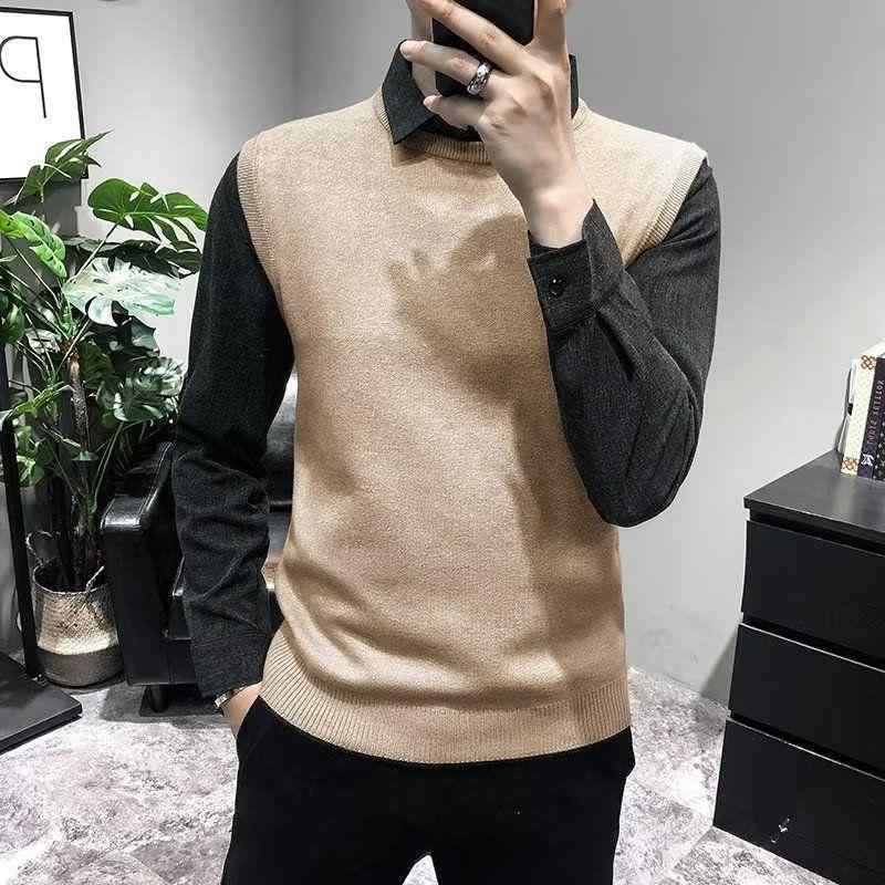 ニット メンズ 長袖 カットソー シャツ襟 フェイクレイヤード トップス 秋冬 春秋 大きいサイズ ゆったり スリム ブラック カーキ ホワイト 普段使い 部屋着 レイヤードスタイル