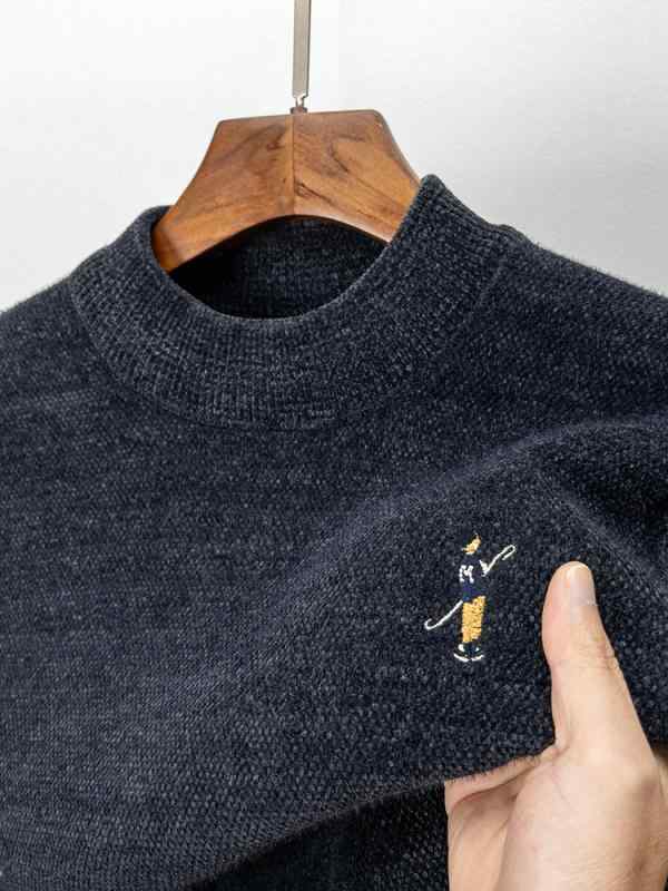 ニット メンズ 男性用 刺繍入り ハーフハイネック プルオーバー セーター トップス 裏起毛 厚手 防寒 あったか シェニール 混紡 ブラック グレー キャメル 秋冬