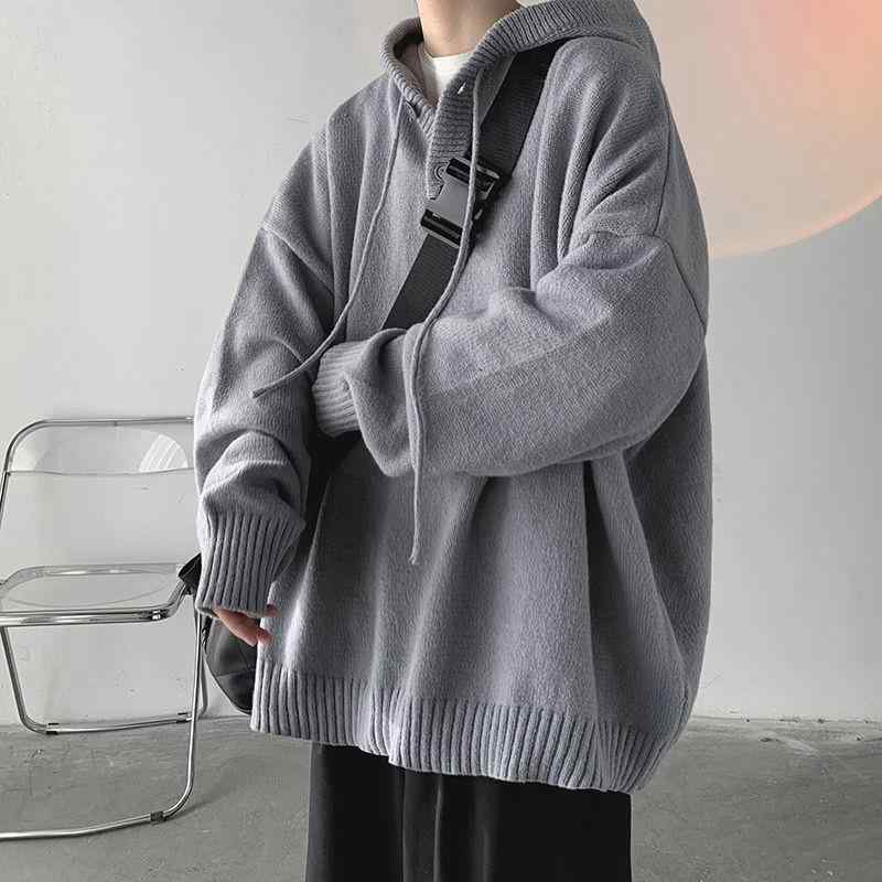 ニット メンズ パーカー 春秋 ゆったり ケーブル編み 長袖 ニットセーター コットン トップス カットソー アウター 日常 普段使い 部屋着 黒 グレー