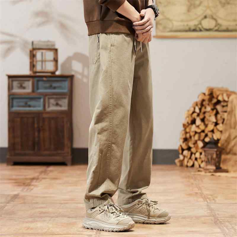 メンズ ワークパンツ カーキ色 ワイドレッグパンツ ゆったり ストレート 厚手 コットン 無地 男性用 ズボン カジュアルパンツ
