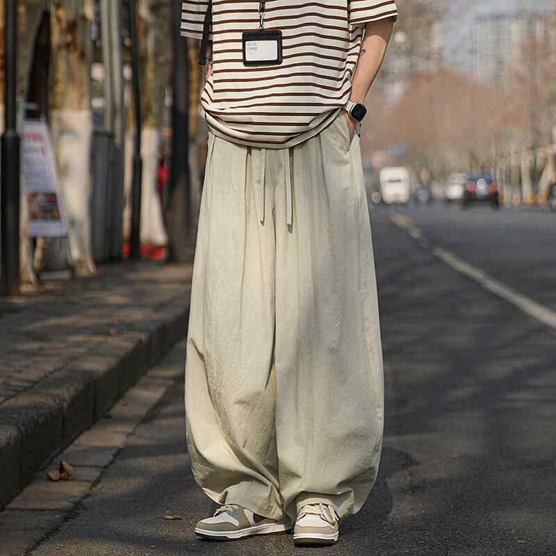パンツ 男性用 コットン リネン カジュアルパンツ 薄手 ルーズ ドレープ ワイドレッグパンツ 杏色 黒色 ダークグレー カーキ色 M L XL 2XL 3XL 4XL 5XL 通気性