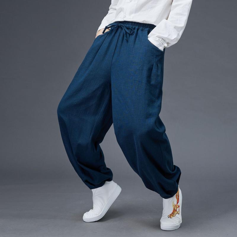 パンツ 男性用 秋冬 厚手 リネン コットンパンツ 絞り裾 ルーズフィット ロングパンツ 民族衣装風 レトロ カジュアルパンツ