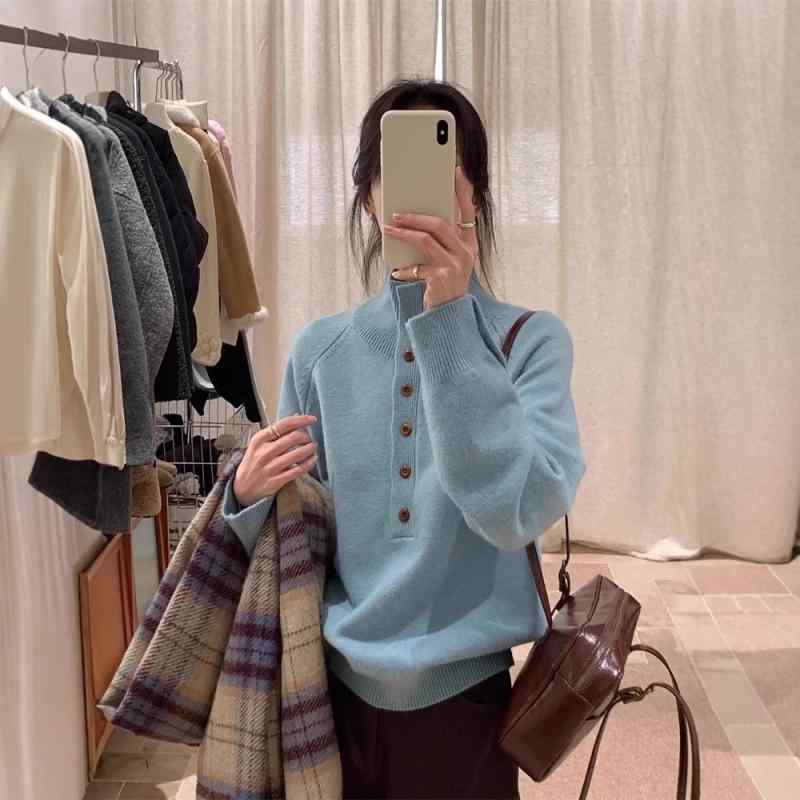 ニット レディース 高?感 慵? 高 襟 トップス 秋冬 ?袖 プルオーバー 接触冷感 ?? ?松 私服名媛 灰色 浅藍色