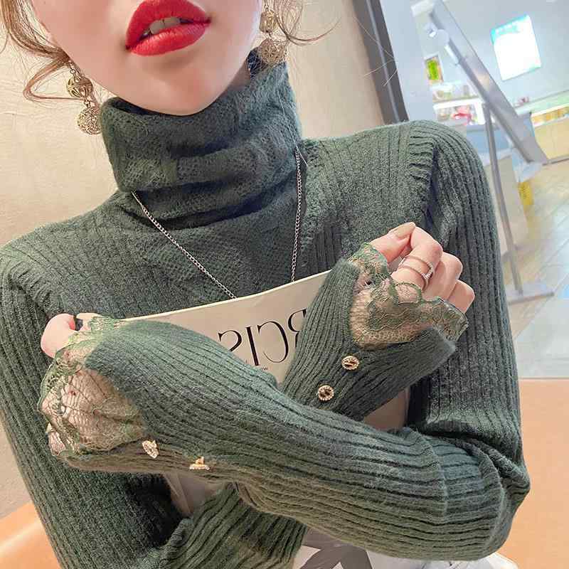 ニット レディース 秋冬 高襟 レース かわいい 姫袖 プリンセススタイル トップス インナーウェア フェミニン ガーリー 長袖 セーター カットソー スリムフィット 白 ホワイト 緑 グリーン 赤 レッド 黒 ブラック ピンク系