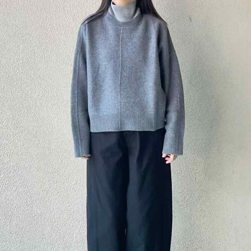 編み物 レディース 高襟 うつり変わり 羊毛混紡 トップス 長袖 ティーシャツ 秋冬 普段使い走り 通い 薄墨色