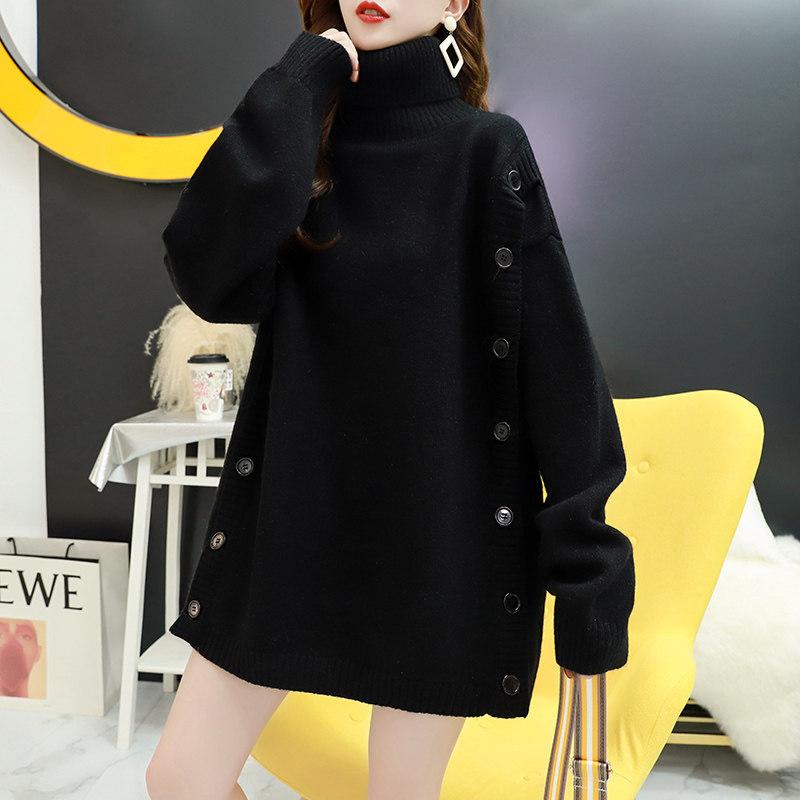 ニット レディース 韓国風 高襟 プルオーバー 厚手 暖かい トップス ゆったり ストリート カジュアル 普段使い アクリル ポリエステル 無地 グレー ブラック オフホワイト オレンジ