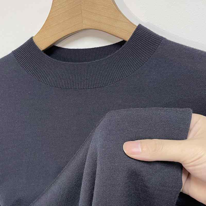 ニット メンズ 男性用 ウール Tシャツ カットソー 長袖 セーター ハーフハイネック 洗える ウォッシャブル 無地 春秋 薄手 スリムフィット 黒 ブラック 紺 ネイビー グレー ベージュ ブラウン 上品 高見え｜Tanzan