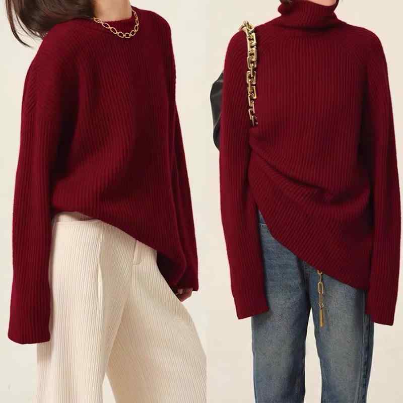 ニット レディース 高 衿 セーター ゆったり 厚手 デザイン 赤色 カシミヤ トップス 長袖 暖かい 通勤 きれいめ かわいい 春秋冬|Tanzan