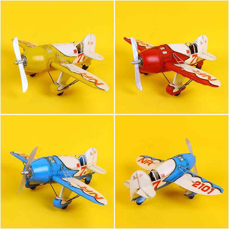 飛行機模型 レトロ ブリキ製 アメリカン 雑貨 インテリア ディスプレイ小物 黄色 青色 赤色