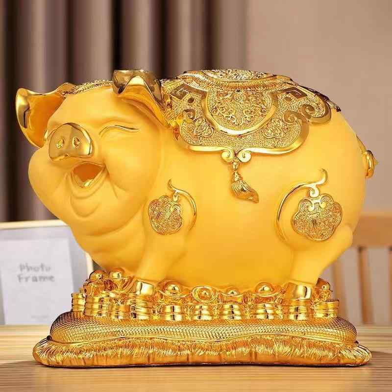 貯金箱 豚 樹脂製 オブジェ 縁起物 ラッキーアイテム 金色 檀木色 大号