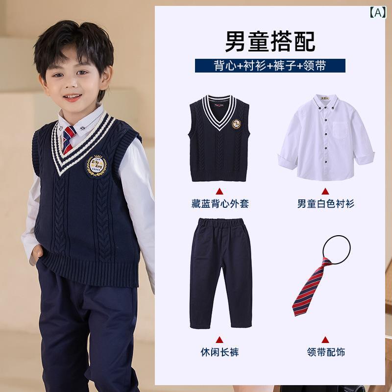 ユニフォーム 小学生 学院 より良い 3点書き割り フォーマル 連合王国風 お坊っちゃん 御嬢さん キッズ 小わっぱ 幼稚園 入園式 長袖 ティーシャツ ズボン下 スコート 上下 セットアップ 綿100%