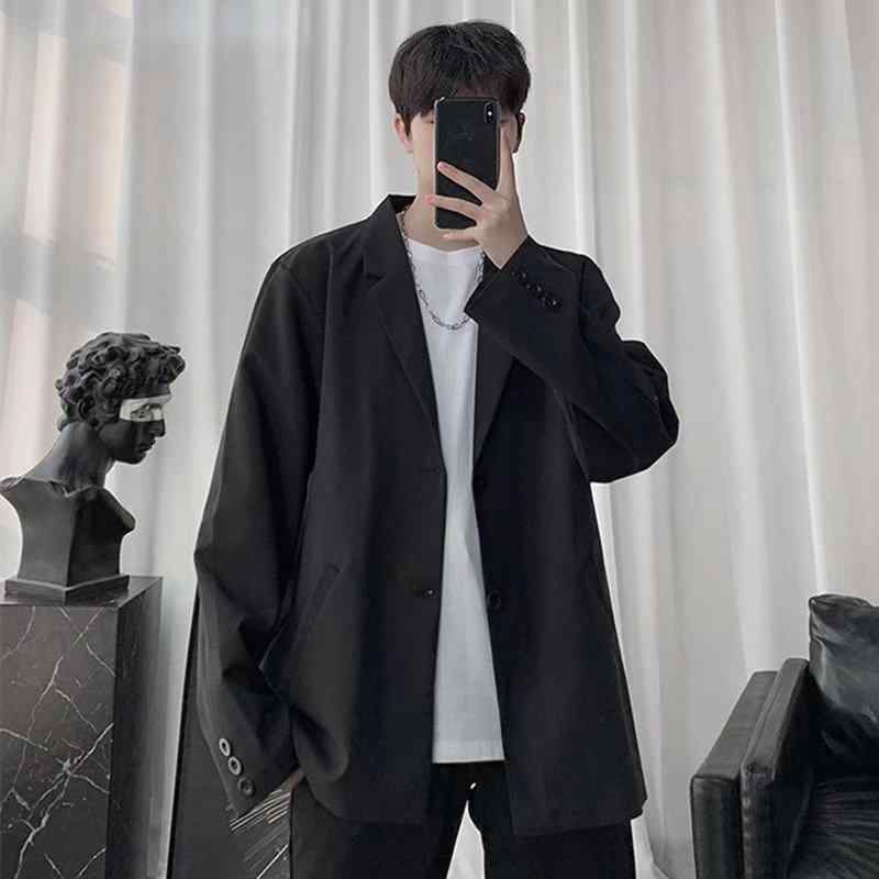 ジャケット 男性用 テーラードジャケット 韓国風 ルーズフィット 無地 春秋 ポリエステル ブラック サイドポケット