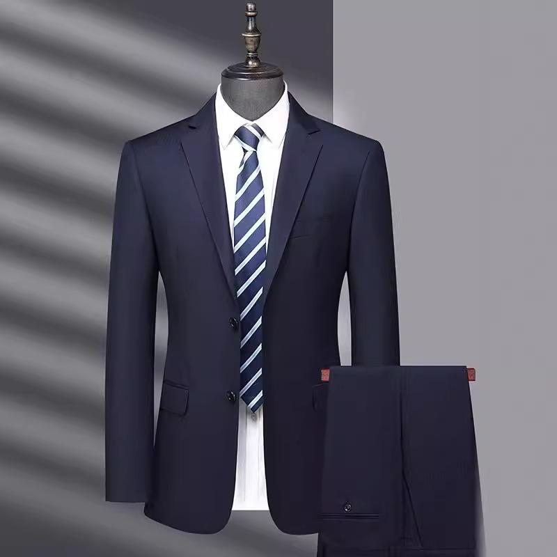 スーツ 男性用 高品質 ウール 混紡 ビジネス フォーマル ウェア 銀行員 制服 濃紺 無地 ボタン飾り オフィススタイル 通勤着