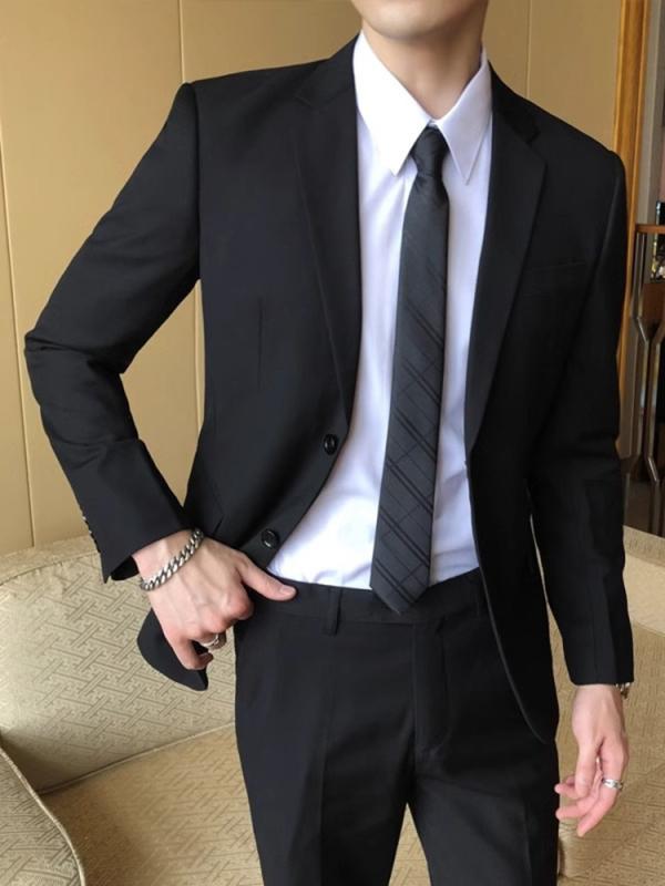 スーツ メンズ 男性用 ビジネス フォーマル 結婚式 新郎 ジャケット パンツ セットアップ ポリエステル 春秋冬 スリムフィット 無地 ブラック