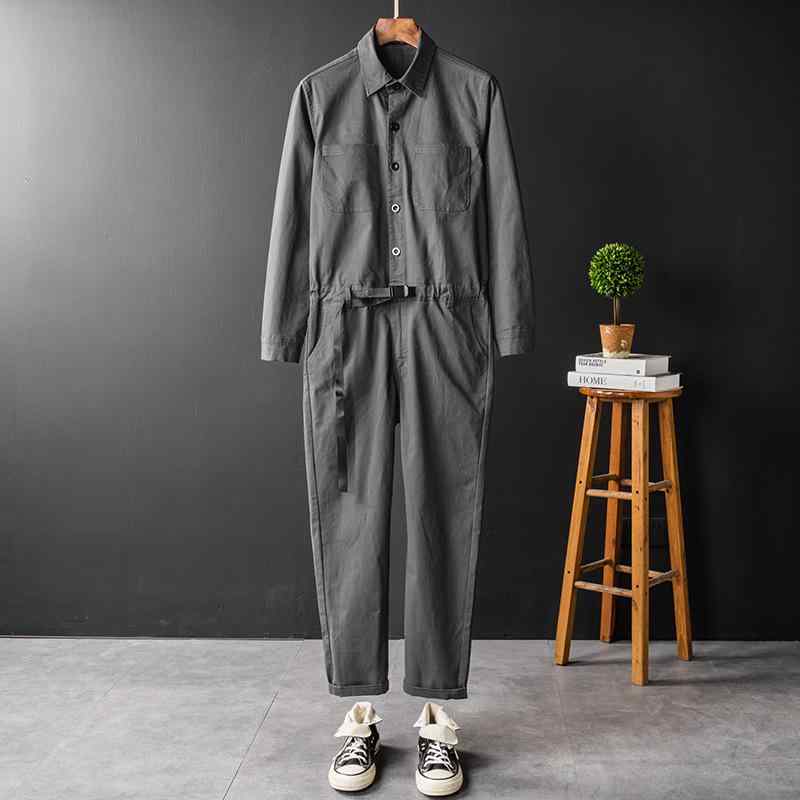 オーバーオール 男性用 レトロ ワークウェア ストレッチ テーパード ミリタリー カーゴパンツ 長袖 つなぎ ダークグレー