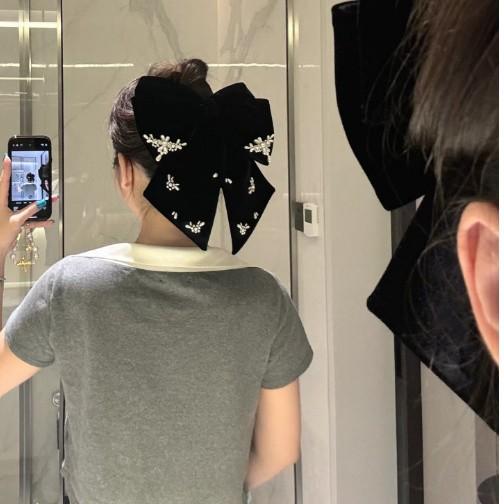 ヘアアクセサリー レディース ヘアクリップ バレッタ 髪留め 髪飾り リボン ベルベット ラインストーン ブラック エレガント 上品 きれいめ かわいい ガーリー フェミニン