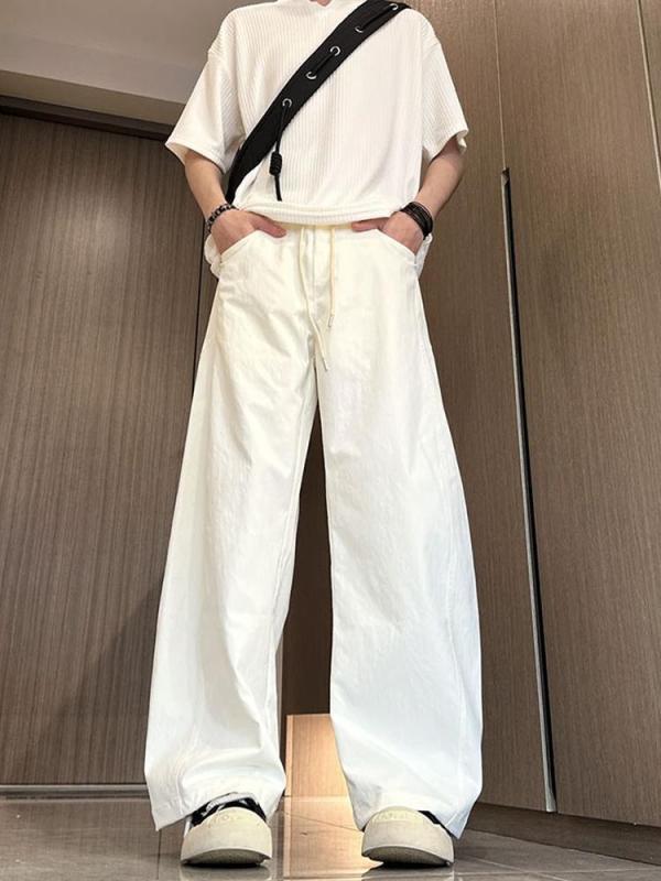 パンツ 男性用 ワイドレッグ イージーパンツ ストレートパンツ 薄手 ポリエステル ミディアムウエスト ゆったり 無地 ブラック ホワイト系 グリーン M L XL 2L 3L 普段使い