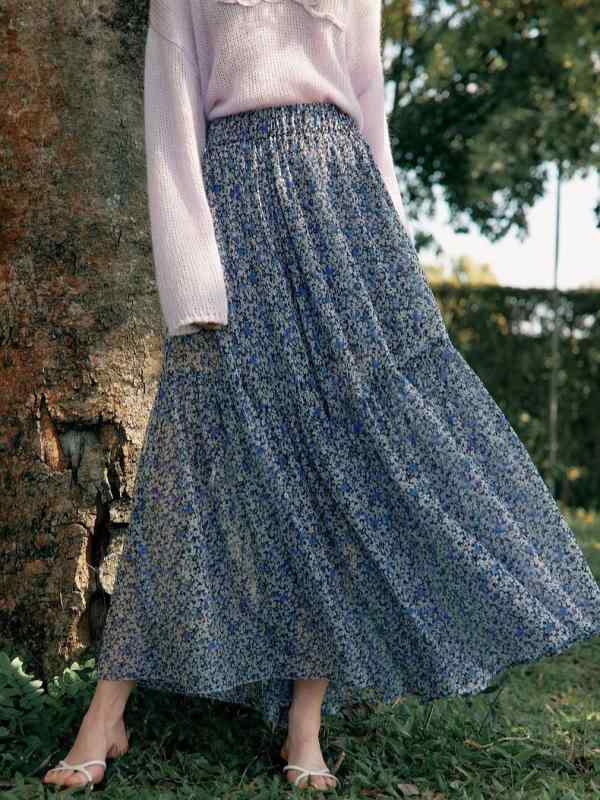 スカート レディース 春夏 Aラインスカート 花柄 ミモレ丈 膝下丈 ポリエステル コットン ゆったり 通勤 きれいめ 上品 ブルー系