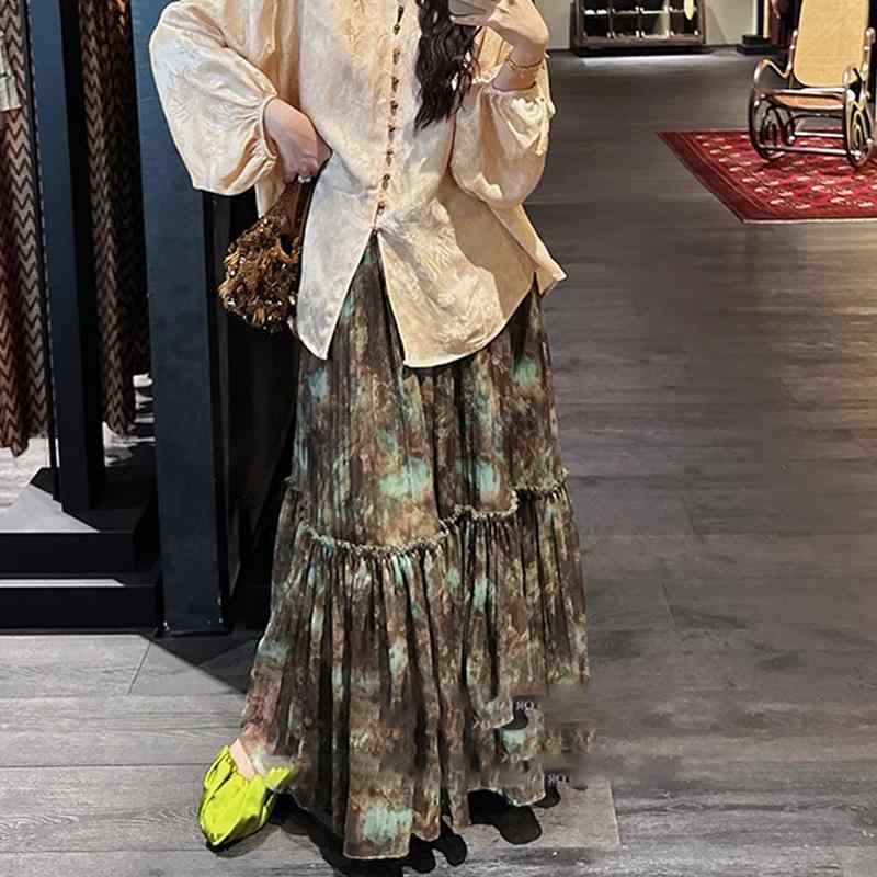 スコート レディース 春 A伝達ルートスコート お花刷り上げる 染め柄 レトロ ポリエステル 普段使い走り お出かけ 会う約束 ロングスコート レディースファッション-ボトムス