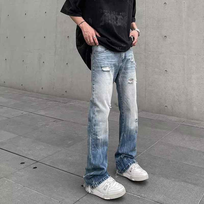 デニム メンズ ダメージ加工 ストレート ジーンズ ジーパン ウォッシュ加工 ブリーチ加工 ズボン パンツ Gパン アメカジ USED風 春夏