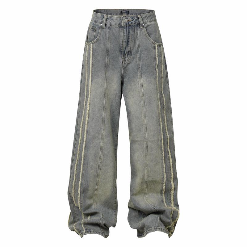 デニム メンズ ストレートジーンズ ダメージ加工 ウォッシュド加工 ワイドレッグパンツ ゆったり カジュアル Gパン ジーパン 黒 灰色
