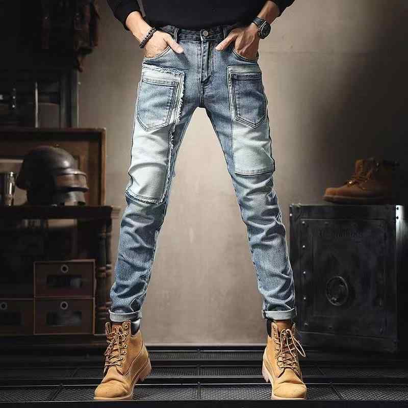 デニム メンズ パッチワーク テーパード ジーンズ 男性用 個性的 多ポケット スキニー パンツ ストレッチ ロングパンツ 切り替え ウォッシュ加工