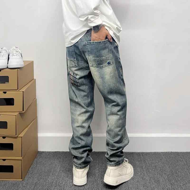 デニム メンズ 男性用 ジーンズ ジーパン ストレート ルーズ レトロ ウォッシュ ダメージ リペア 加工 刺・墸 ブルー