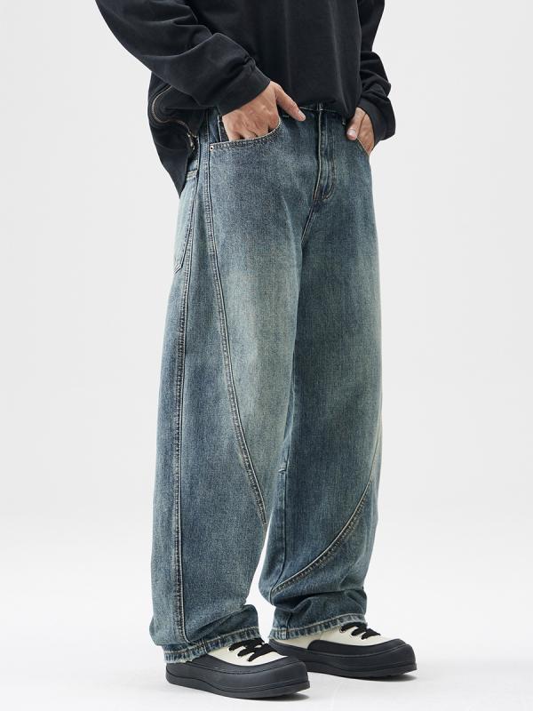 デニム メンズ ストレートパンツ ゆったり ワイドレッグ ジーンズ ウォッシュド加工 秋 男性用 デニムパンツ