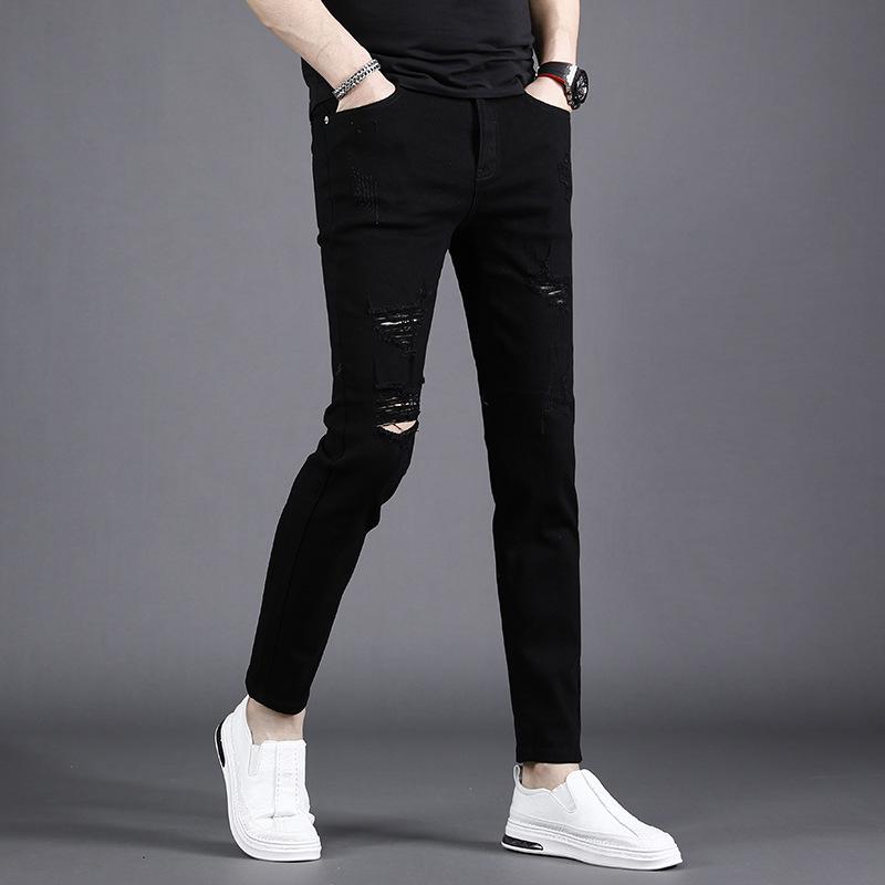 デニム メンズ 破れ加工 9分丈 スキニーパンツ 男性用 黒 スリムフィット ジーンズ ウォッシュ加工 多ポケット 春夏