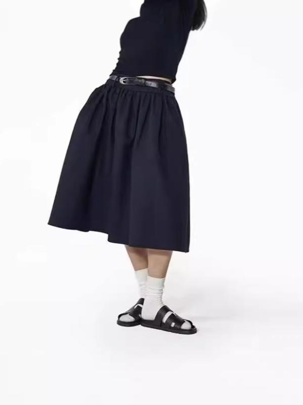 スカート レディース 春秋 低身長 小柄 ポップ ふんわり 膝下丈 ミモレ丈 黒 ブラック ウール ポリエステル