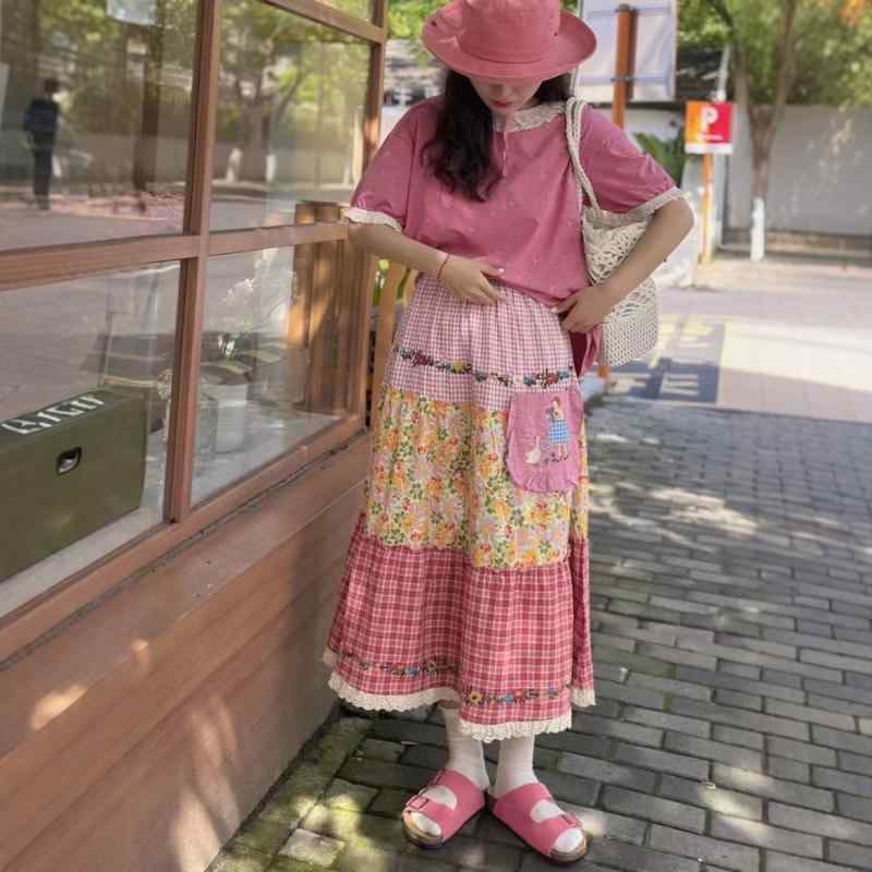 スコート レディース 古着風 森うしろ帯 花柄 刺しゅう A伝達ルート ミモレ丈 膝下丈 ゆったり 可愛らしい 緑であること サクラ色系 綿織物