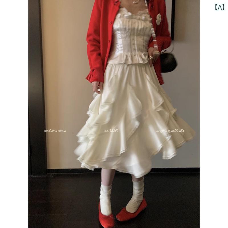スカート レディース 不規則 レース 切り替え Aライン ハイウエスト ミモレ丈 ポリエステル 日韓スタイル カジュアル 米白色 灰ピンク