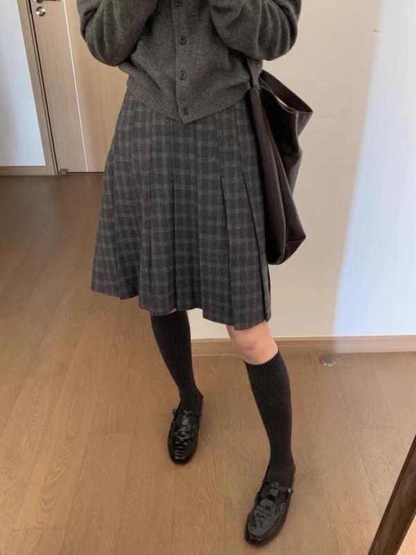 スカート レディース 秋冬 グレー 格子柄 プリーツ Aライン ミモレ丈 上品 通勤 オフィス きれいめ 高見え
