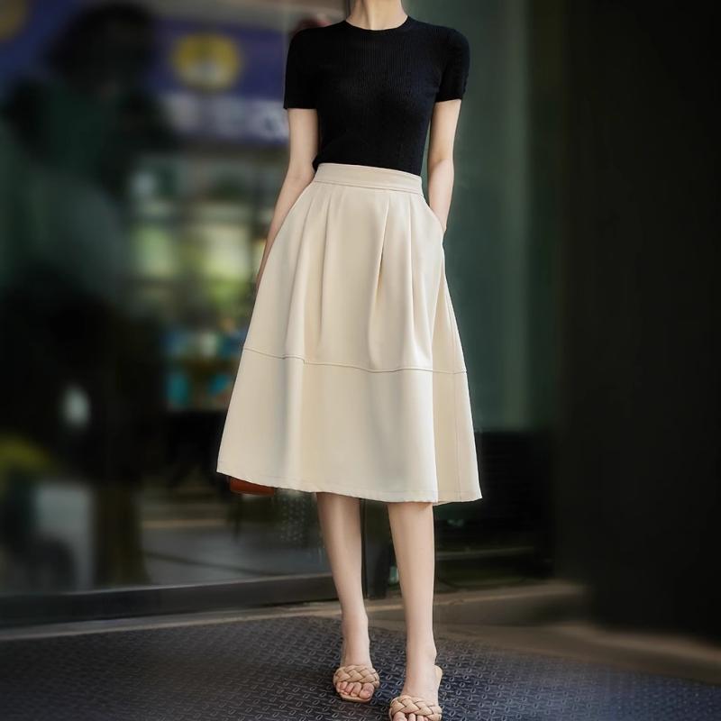 スカート レディース Aラインスカート ひざ下丈 ポリエステル 無地 切り替え ポケット付き ブラック ベージュ S M L XL 春夏 高見え 通勤 エレガント 上品