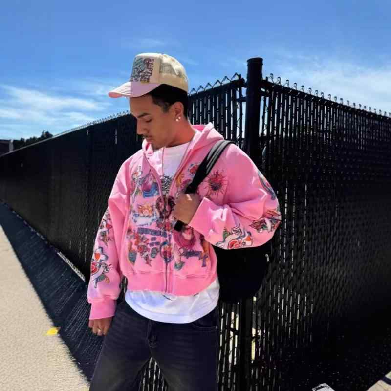 パーカー 男性用 ゴシック ロック プリント プルオーバー 春秋 ストリート系 灰色 黒色 ピンク系 ゆったり 長袖